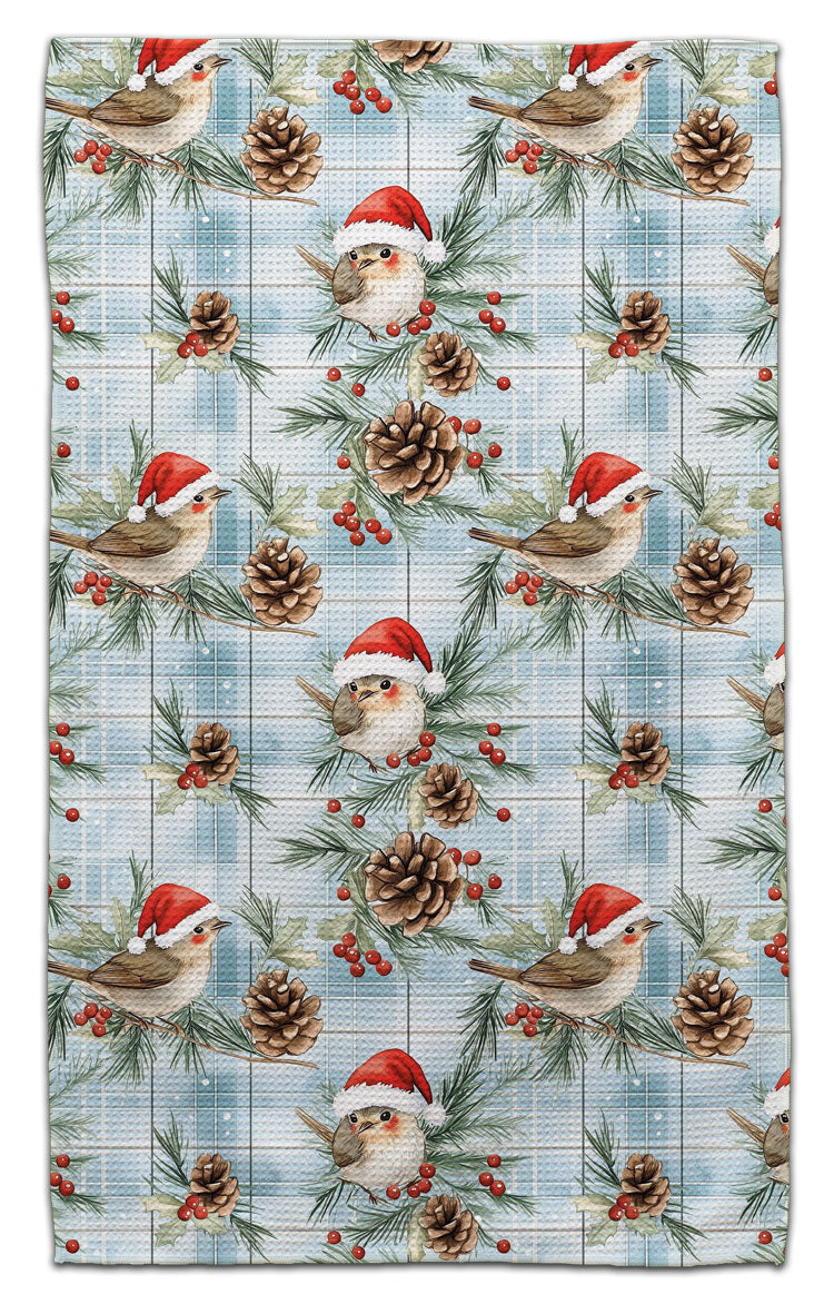 Sparrow with Santa Hat Waffle Weave Towel