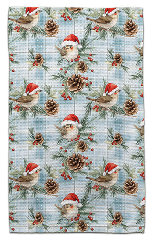 Sparrow with Santa Hat Waffle Weave Towel