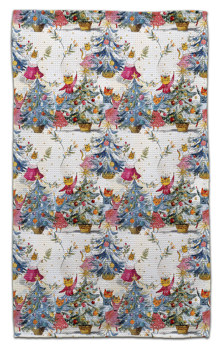 Cats Decorating Tree Waffle Weave Towel