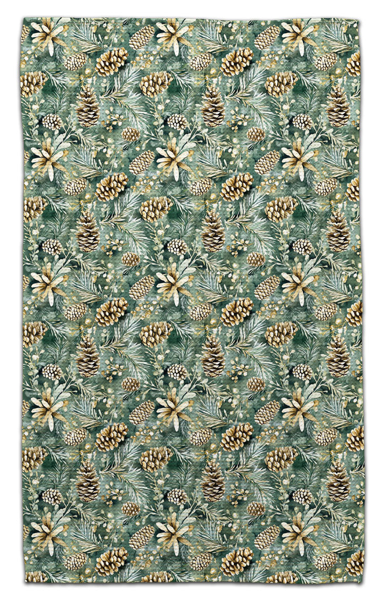 Pine Cones on Dark Green Background Waffle Weave Towel