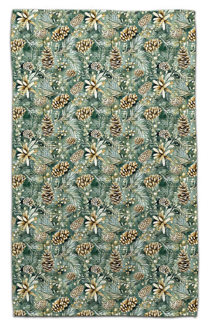 Pine Cones on Dark Green Background Waffle Weave Towel