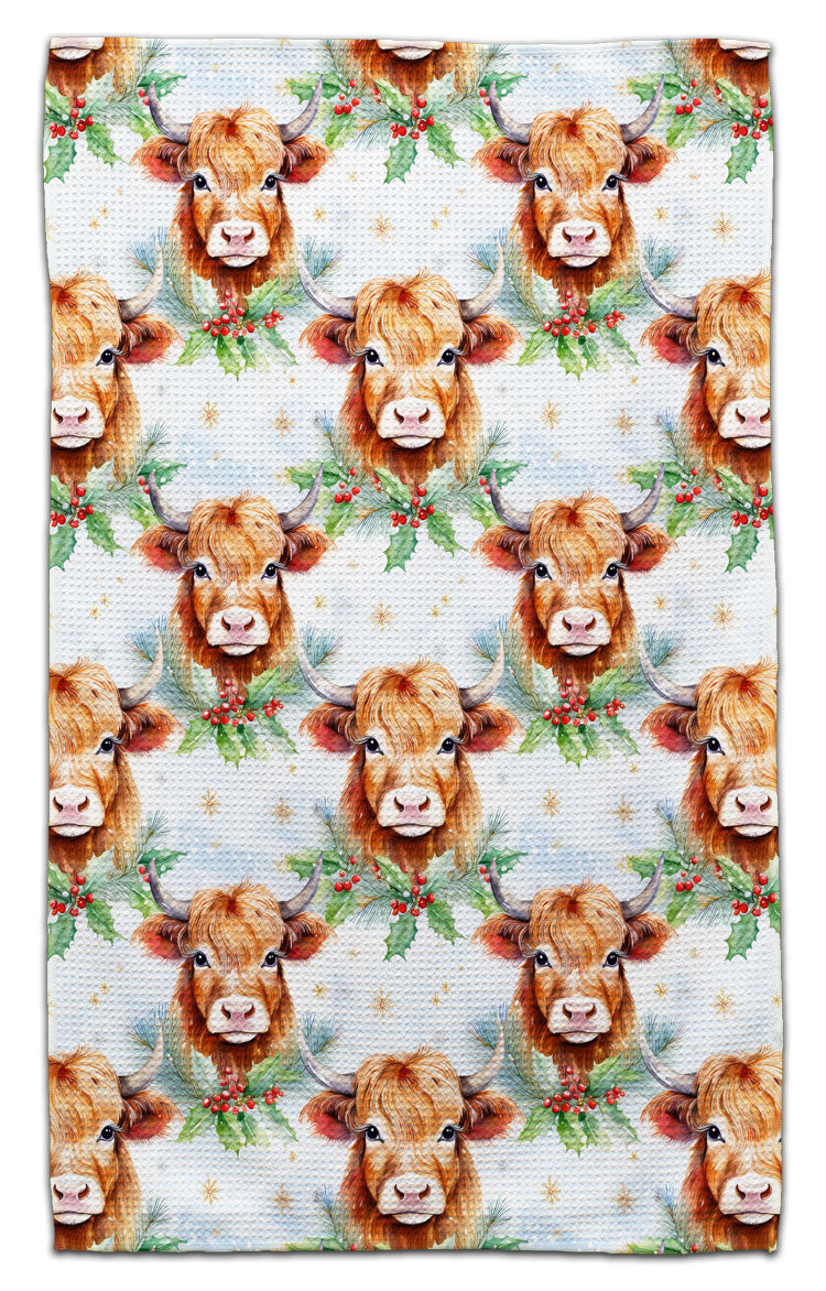 Highland Cow and Holly Waffle Weave Towel