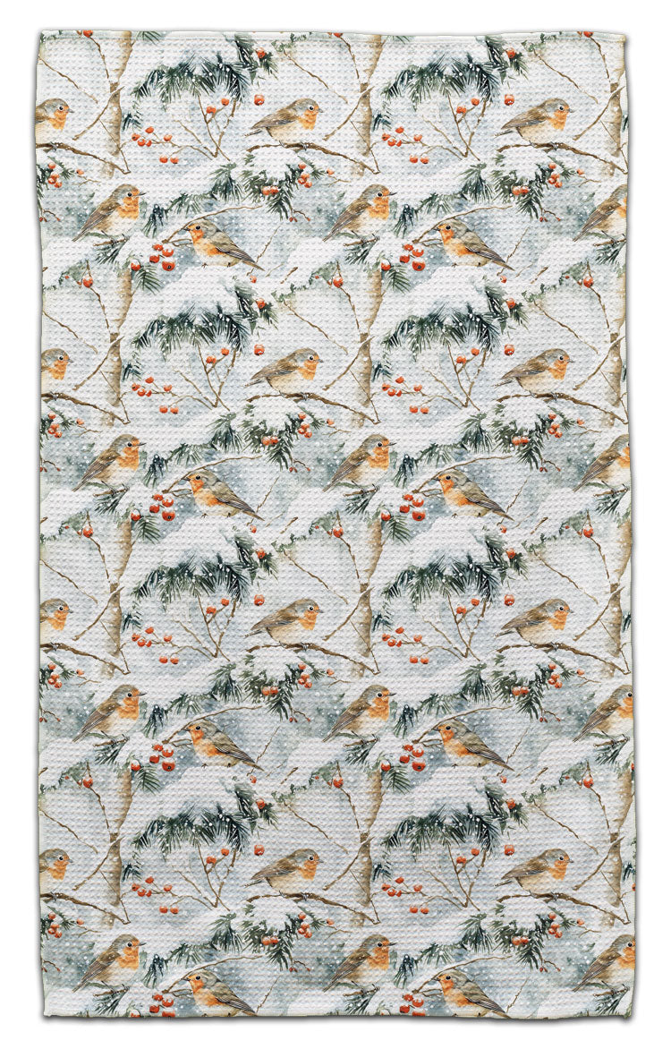 Sparrows on Snowy Branches Waffle Weave Towel