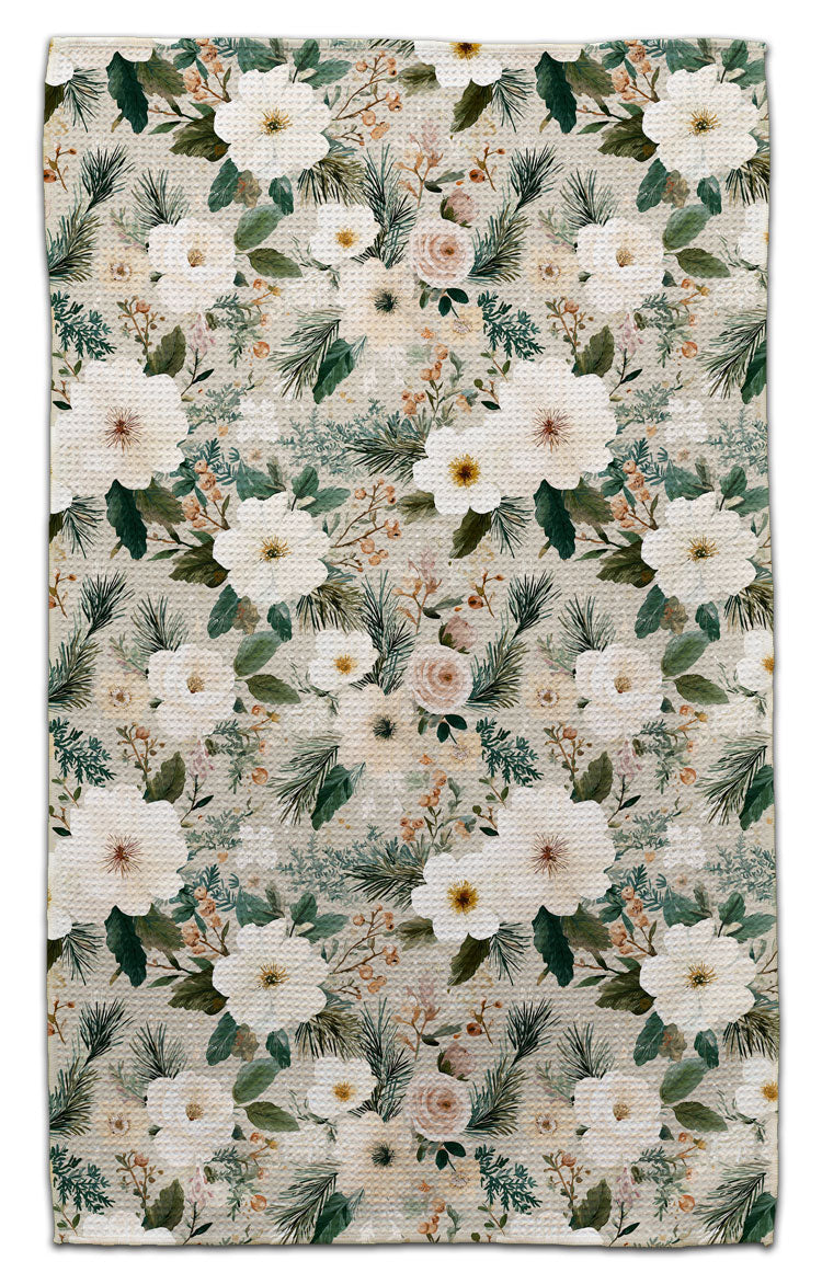 Winter Flowers on Beige Background Waffle Weave Towel