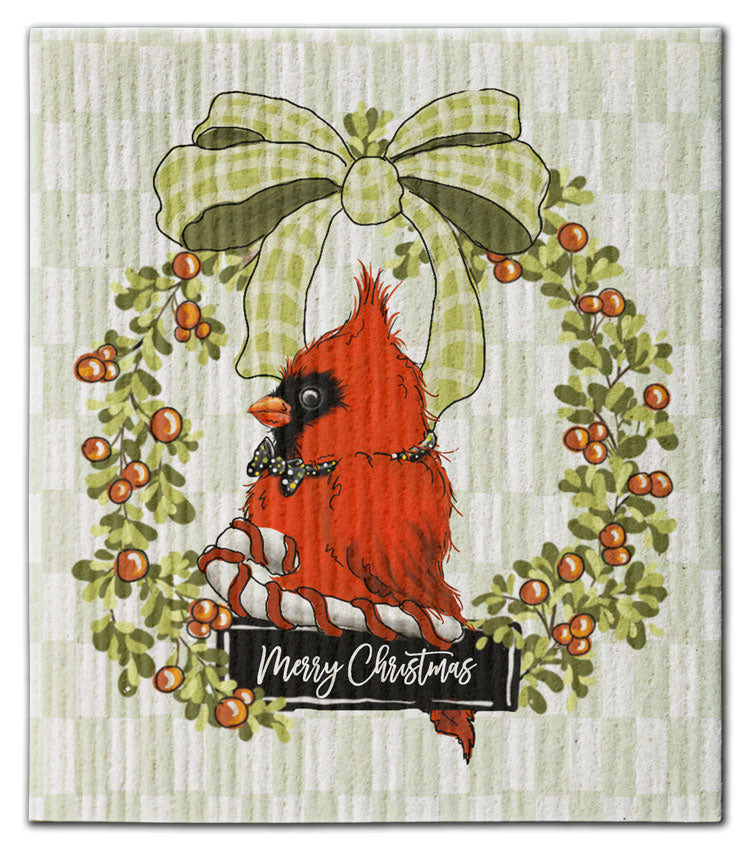 Cardinal Wreath w/Plaid Bow Dishcloth
