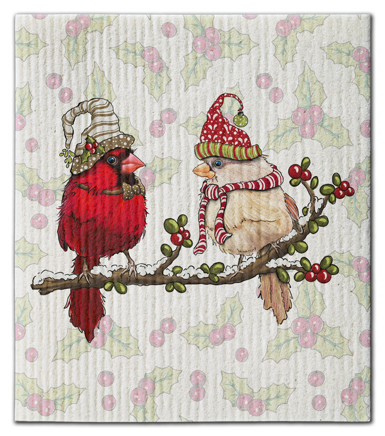 Cardinal (2) Sitting on Branch Dishcloth