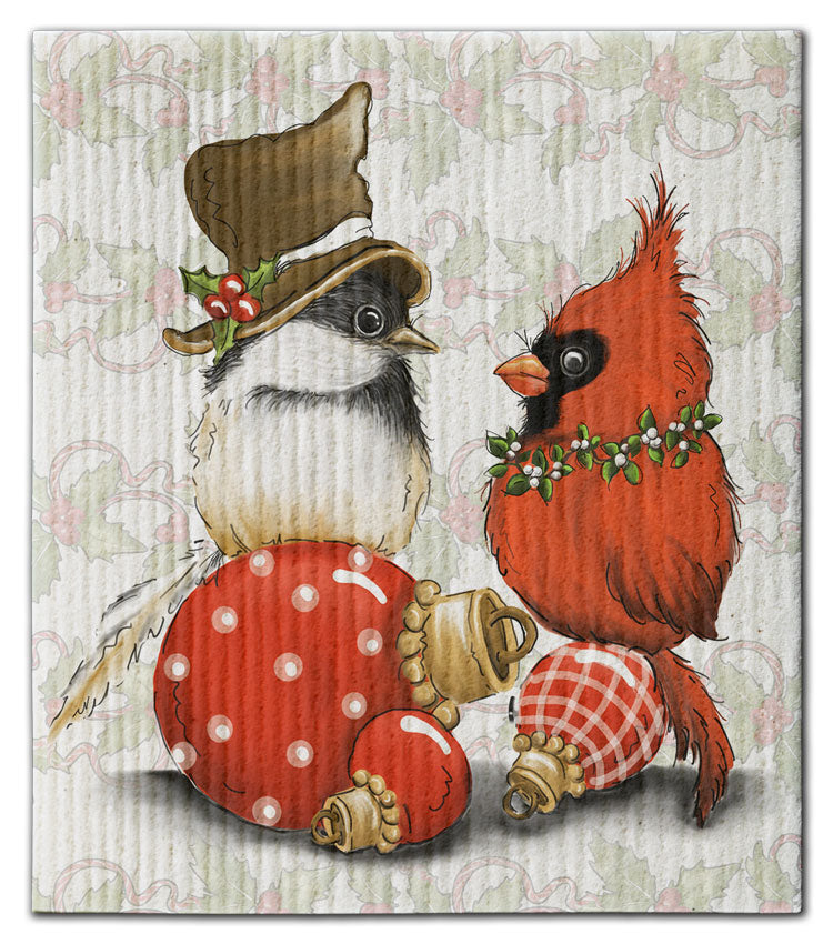Cardinal (2) Sitting on Red Ornaments Dischloth - CJ Bella Co.