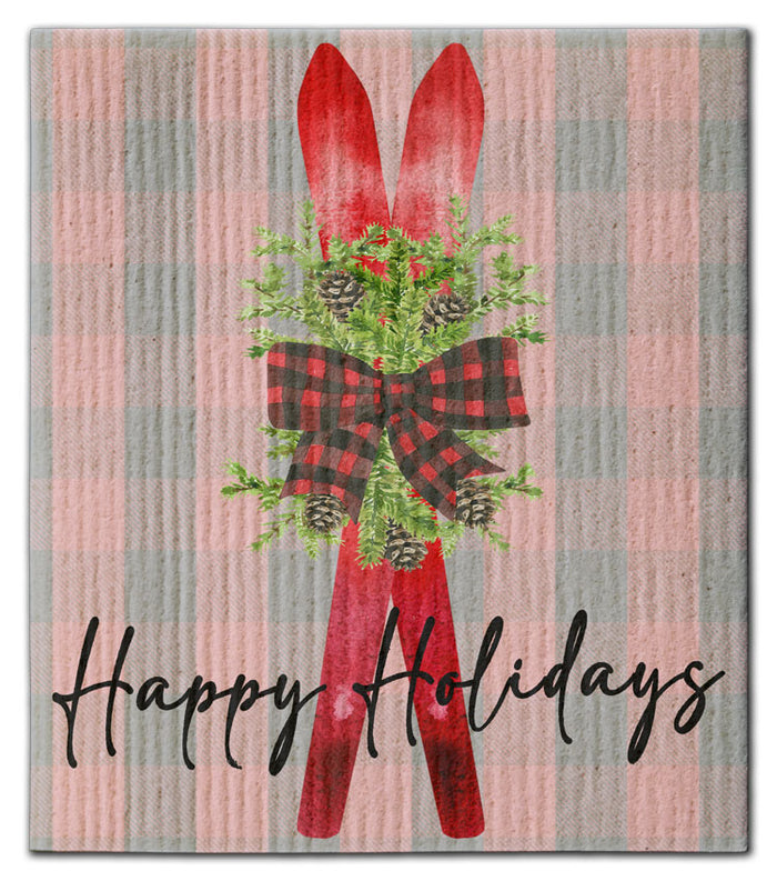 Ski w/Plaid Bow Happy Holiday Dishcloth