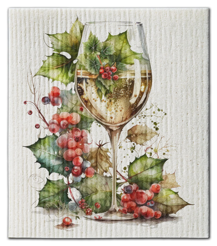 Wine Glass w/Holly Berries Dishcloth - CJ Bella Co.