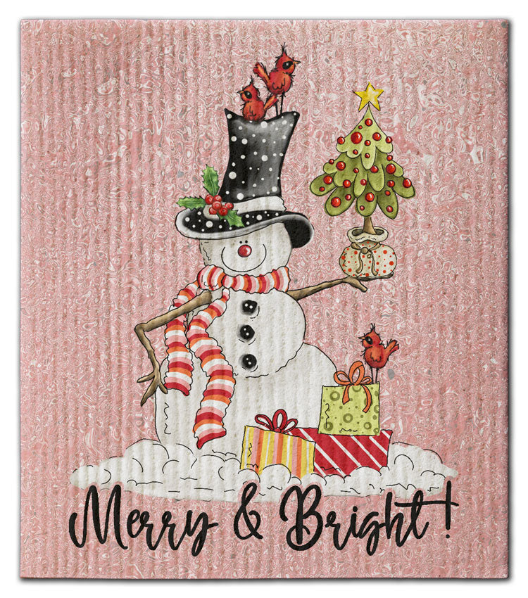 Snowman w/3 Cardinals Merry & Bright Dishcloth
