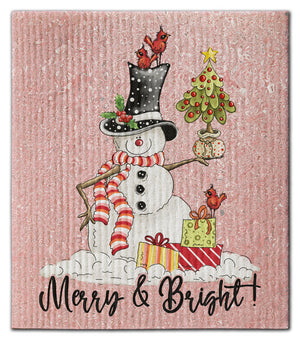 Snowman w/3 Cardinals Merry & Bright Dishcloth