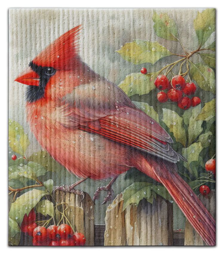 Cardinal on Fence Dishcloth - CJ Bella Co.