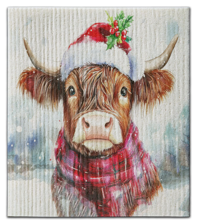 Highland Cow with Santa Hat Eco-Friendly Dishcloth - CJ Bella Co.