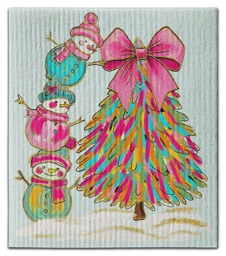 Snowmen Placing Bow Eco-Friendly Dishcloth