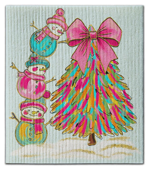 Snowmen Placing Bow Eco-Friendly Dishcloth