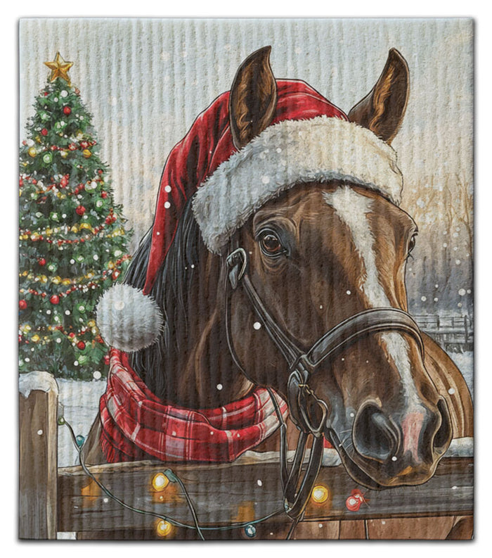 Horse with Santa Hat Eco-Friendly Dishcloth