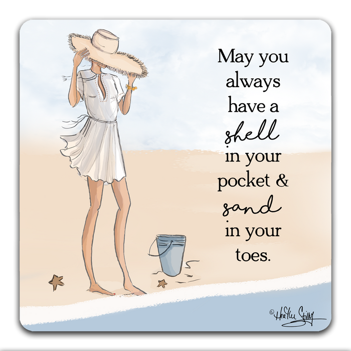 "Woman on the Beach with Pail" Drink Coaster by Heather Stillufsen