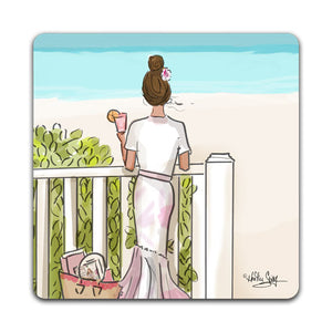 RH1-118-A-woman-on-a-deck-with-a-tropical-drink-look-out-at-the-ocean-Tabletop-Coaster-by-CJ-Bella-Co-and-Rose-Hill-Design-Studio