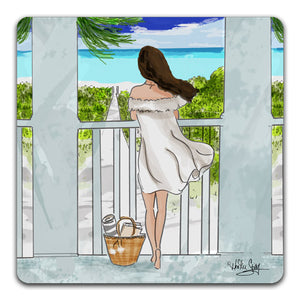 RH1-121-Woman-on-a-veranda-looking-out-at-the-beach-and-ocean-Tabletop-Coaster-by-CJ-Bella-Co-and-Rose-Hill-Design-Studio