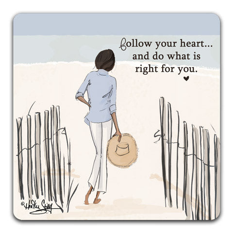 RH1-122-Woman-on-a-beach-by-a-fence-walking-to-the-beach-follow-your-heart-Tabletop-Coaster-by-CJ-Bella-Co-and-Rose-Hill-Design-Studio