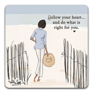 RH1-122-Woman-on-a-beach-by-a-fence-walking-to-the-beach-follow-your-heart-Tabletop-Coaster-by-CJ-Bella-Co-and-Rose-Hill-Design-Studio