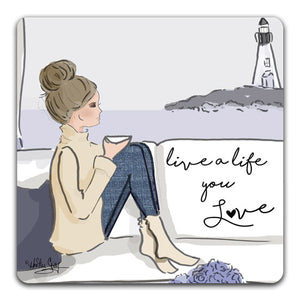 RH1-129-Woman-sitting-on-a-bay-window-looking-at-a-light-house-live-a-life-you-love-Tabletop-Coaster-by-CJ-Bella-Co-and-Rose-Hill-Design-Studio