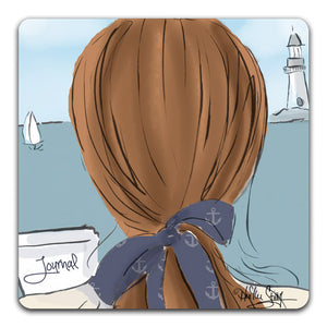 RH1-135-Woman-looking-at-a-lighthouse-writing-in-her-journal-Tabletop-Coaster-by-CJ-Bella-Co-and-Rose-Hill-Design-Studio