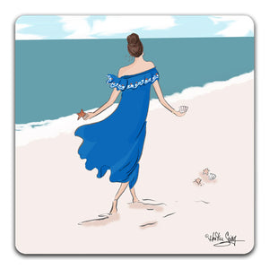 RH1-136-Woman-in-a-blue-dress-walking-with-shells-on-a-beach-Tabletop-Coaster-by-CJ-Bella-Co-and-Rose-Hill-Design-Studio