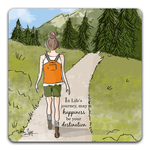 RH1-137-Woman-hiking-on-a-trail-and-saying-happiness-is-the-destination-in-your-life's-journey-Tabletop-Coaster-by-CJ-Bella-Co-and-Rose-Hill-Design-Studio