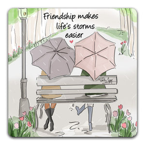 RH1-149-Two-friends-sitting-on-a-bench-in-the-rain-Tabletop-Coaster-by-CJ-Bella-Co-and-Rose-Hill-Design-Studio