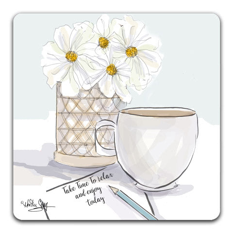 RH1-153-Daisies-and-a-coffee-cup-with-a-take-to-relax-and-enjoy-today-writingon-paper-Tabletop-Coaster-by-CJ-Bella-Co-and-Rose-Hill-Design-Studio