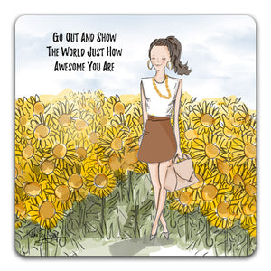 RH1-224-Girl-in-field-of-sunflowers-go-out-and-show-the-world-Tabletop-Coaster-by-CJ-Bella-Co-and-Rose-Hill-Designs