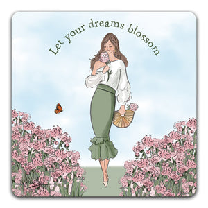 RH1-227-Woman-with-flowers-let-your-dreams-blossom-Tabletop-Coaster-by-CJ-Bella-Co-and-Rose-Hill-Designs