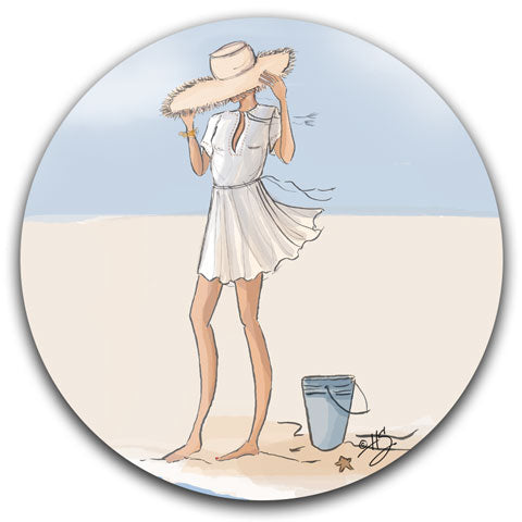"Woman on the Beach with Pail" Car Coaster by Heather Stillufsen