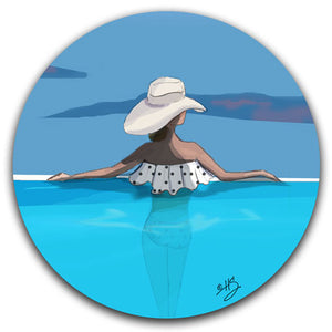 RH2-120-Women in a polka dot bikini in an infinity pool gazing at the sea Rose-Hill-Car-Coaster-CJ-Bella-Co-Beach