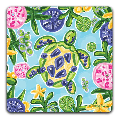 "Blue and Yellow Sea Turtle" Drink Coaster by Tracey Gurley - CJ Bella Co.